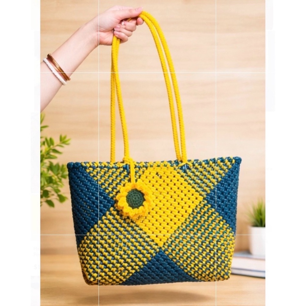Koodai Yellow and Teal Woven Handmade Tote Bag - Unbranded